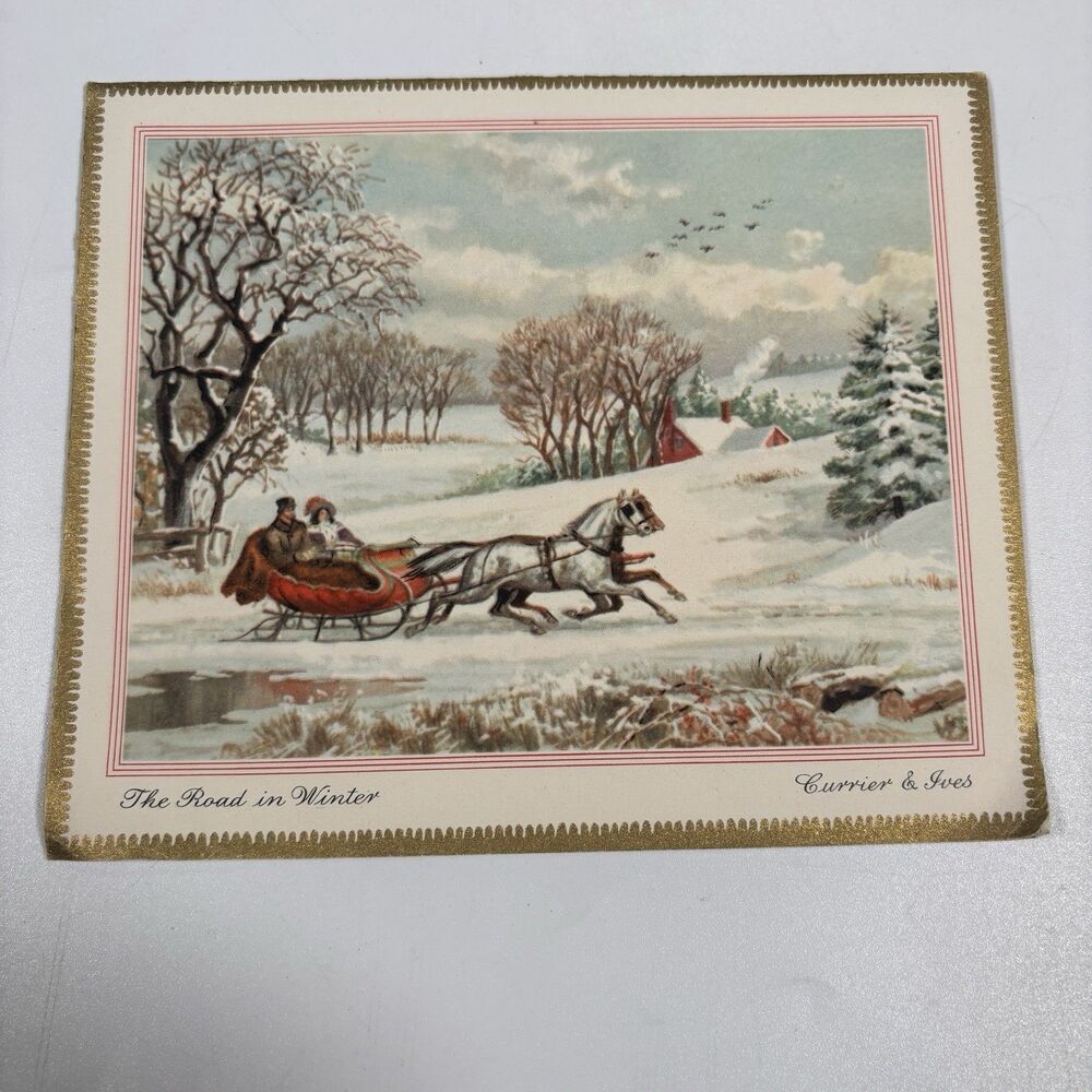 Vintage Currier & Ives Christmas Card The Road in Winter Sleigh Scene 550 USA